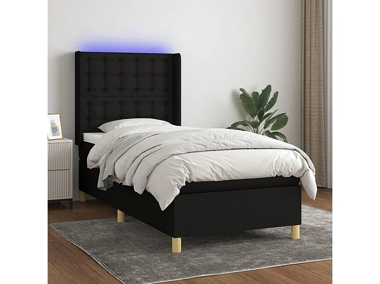 Sommier à lattes de lit matelas et LED Noir 90x200 Tissu