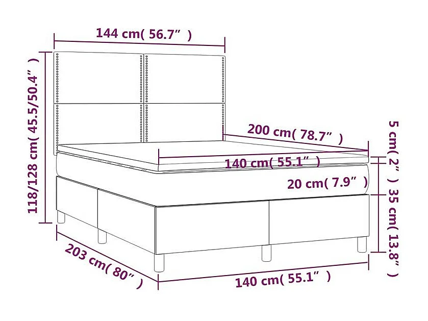 Sommier à lattes de lit matelas et LED Noir 140x200 Velours