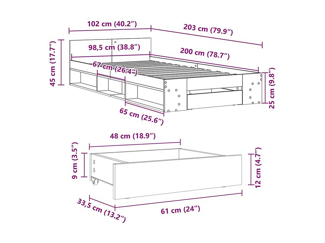 Cadre de lit et tiroir chêne sonoma 100x200 bois ingénierie