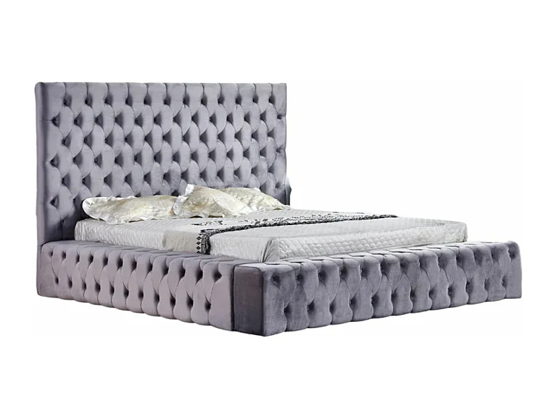 Lit design capitonné velours Kouma-Couleur Gris-180x200