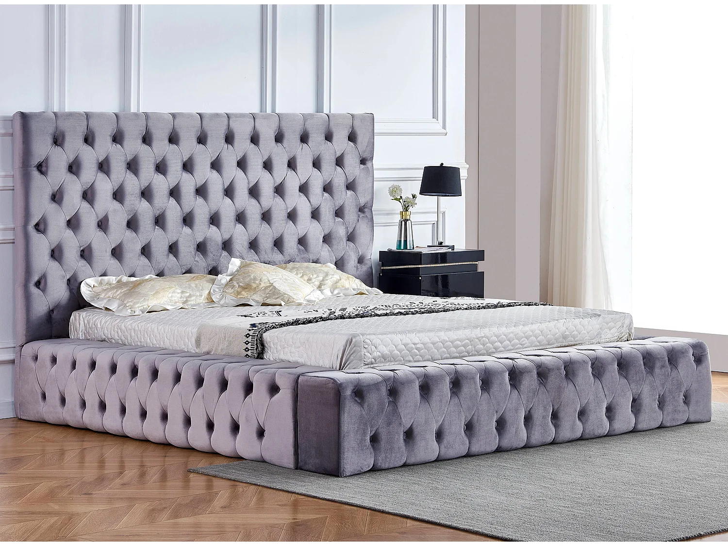 Lit design capitonné velours Kouma-Couleur Gris-180x200