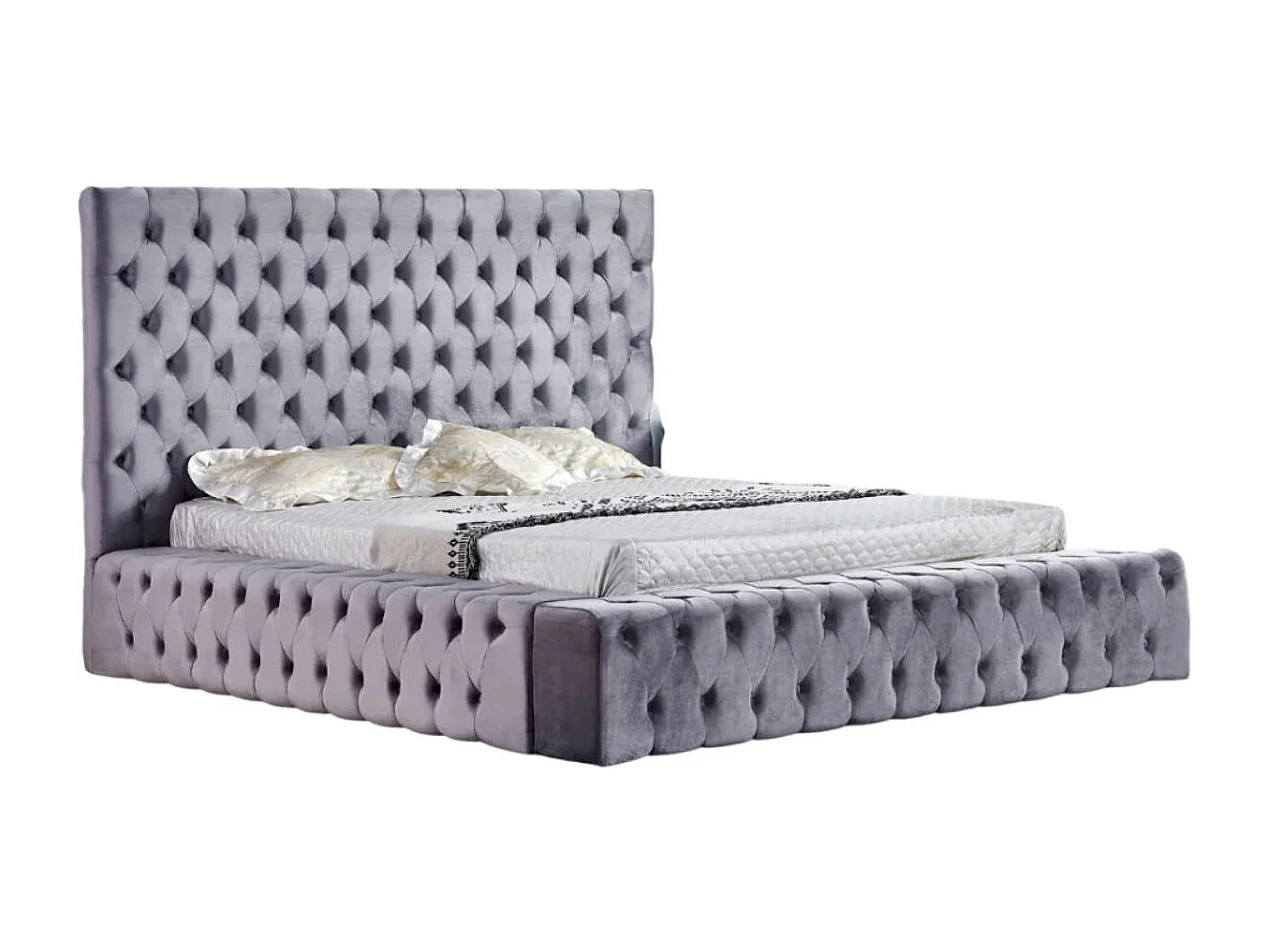 Lit design capitonné velours Kouma-Couleur Gris-180x200