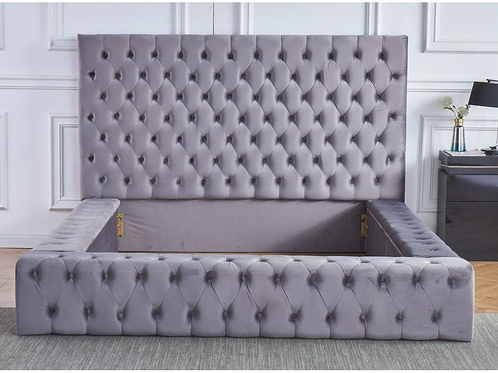 Lit design capitonné velours Kouma-Couleur Gris-180x200