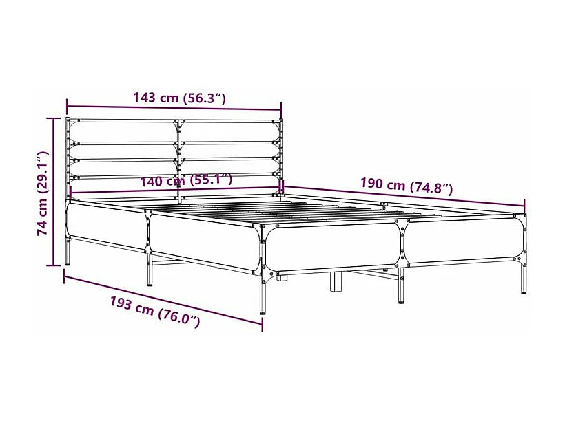 Cadre de lit chêne fumé 140x190 bois d'ingénierie et métal