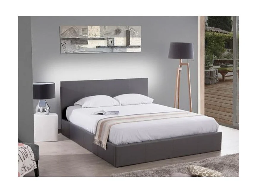 Lit double simili cuir Diag-Couleur Gris-140x190