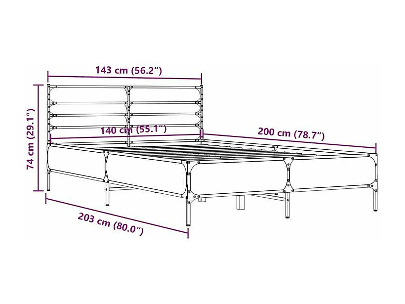 Cadre de lit chêne fumé 140x200 bois d'ingénierie et métal