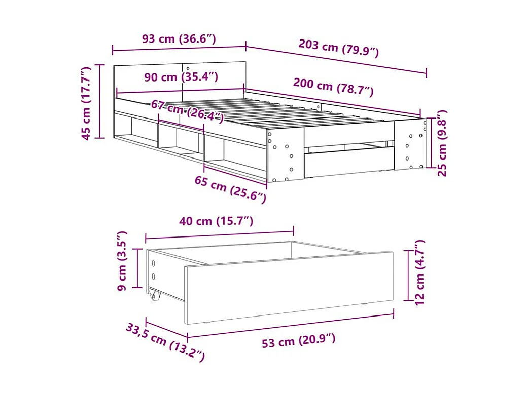 Cadre de lit et tiroir sonoma gris 90x200 bois d'ingénierie
