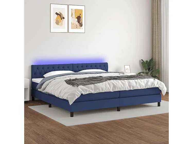 Sommier à lattes de lit et matelas et LED Bleu 200x200 Tissu