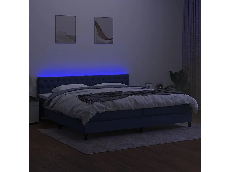 Sommier à lattes de lit et matelas et LED Bleu 200x200 Tissu