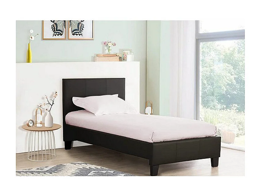 Lit 1 place simili cuir noir Diag 90x190