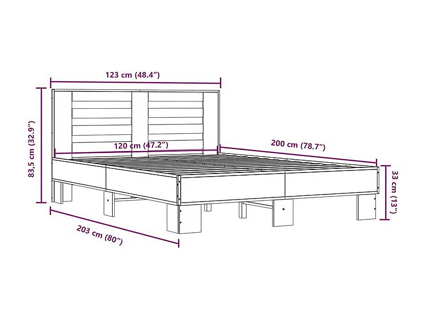 Cadre de lit chêne fumé 120x200 bois d'ingénierie et métal