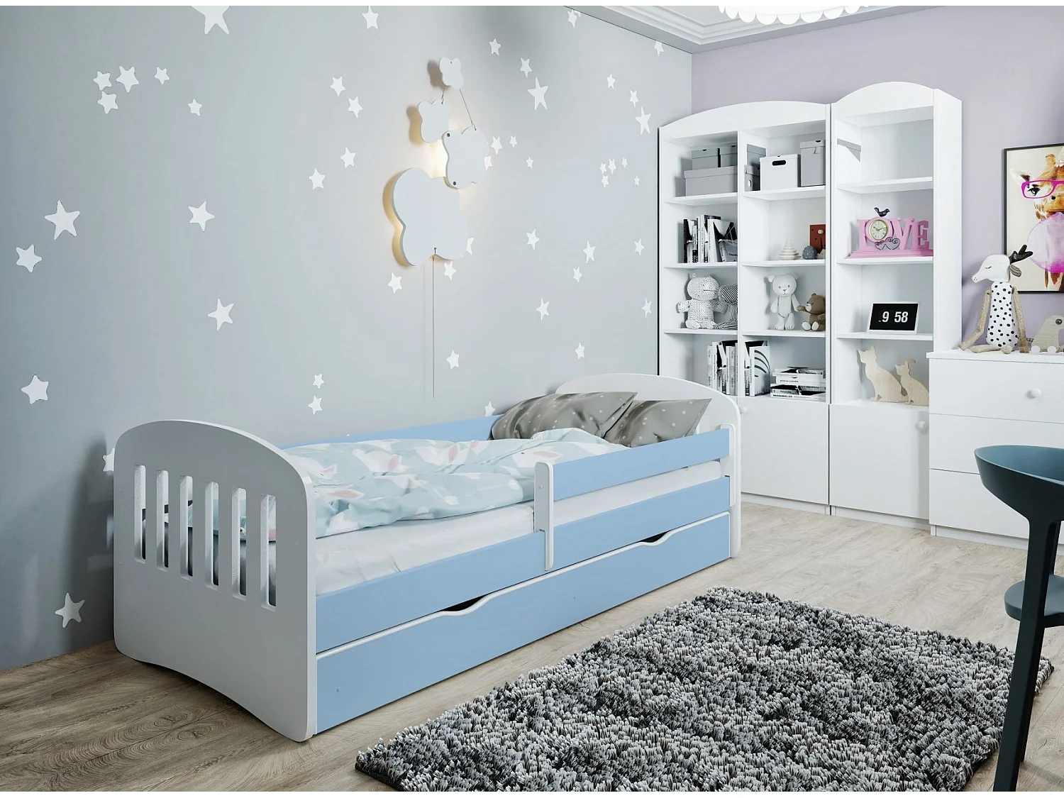 Lit enfant avec barrière de sécurité amovible bleu Klaky-Matelas mousse-80x180-Tiroirs Avec tiroir