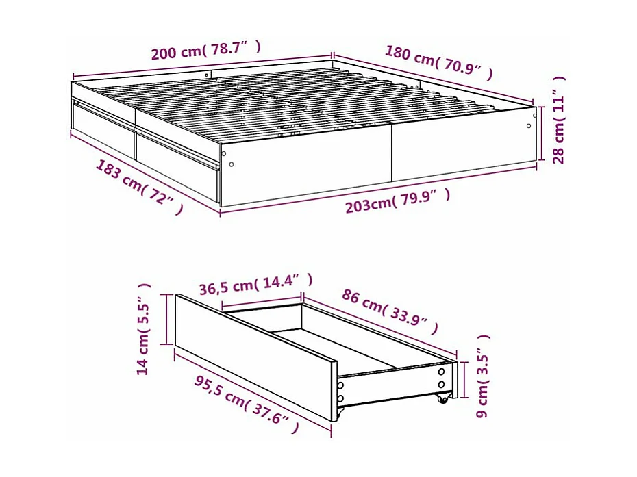 Cadre de lit à tiroirs chêne fumé 180x200 bois d'ingénierie