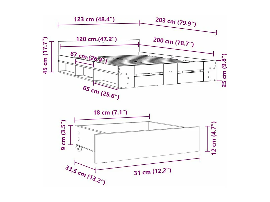 Cadre de lit et tiroirs chêne fumé 120x200 bois d'ingénierie