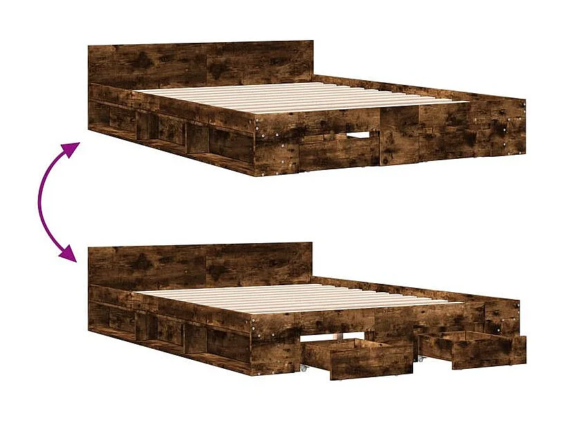 Cadre de lit et tiroirs chêne fumé 140x190 bois d'ingénierie