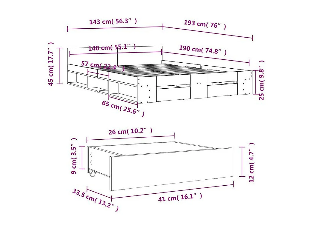 Cadre de lit et tiroirs chêne fumé 140x190 bois d'ingénierie