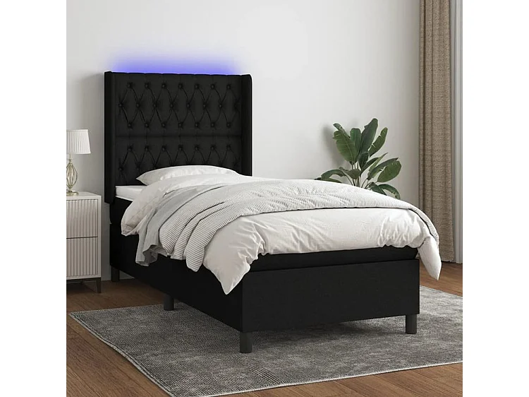 Sommier à lattes de lit matelas et LED Noir 100x200 Tissu