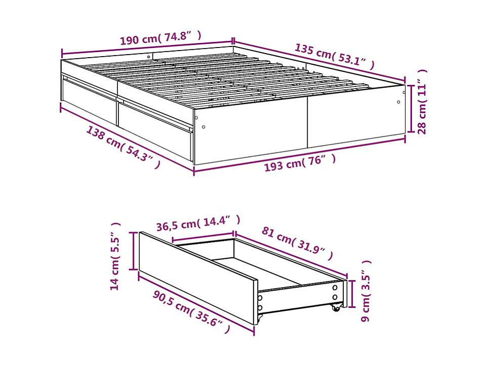 Cadre de lit avec tiroirs blanc 135x190 bois d'ingénierie