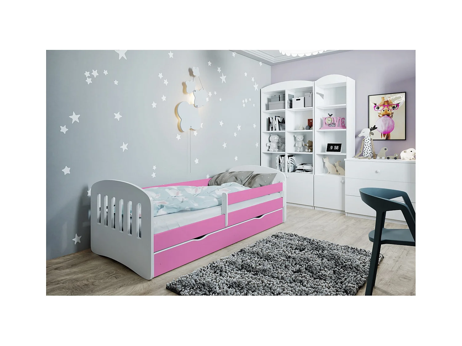 Lit enfant avec barrière de sécurité amovible rose Klaky-80x180-Tiroirs Avec tiroir