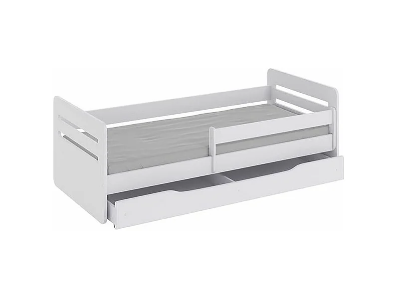 Cama infantil con barrera de seguridad extraíble blanca Moly-Ropa de cama 80x180 cm