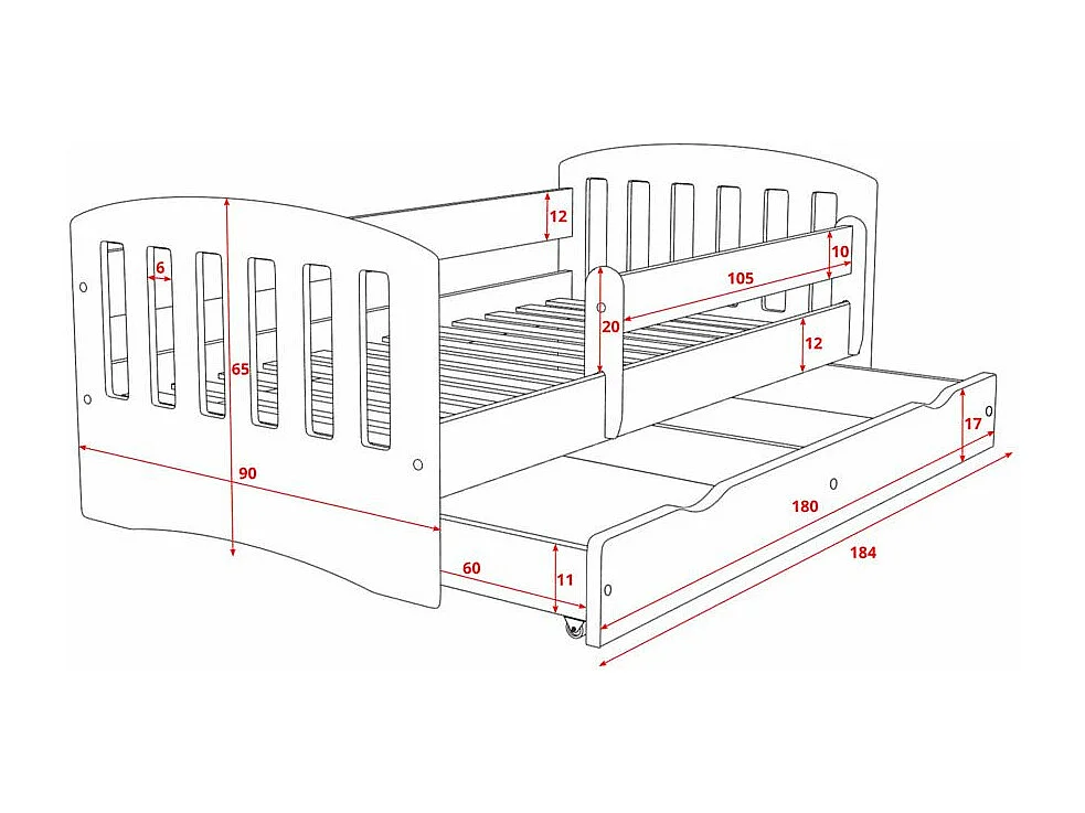 Cama infantil con barrera de seguridad extraíble rosa Klaky-Colchones de espuma-Ropa de cama 80x180 cm-Cajones Con cajón