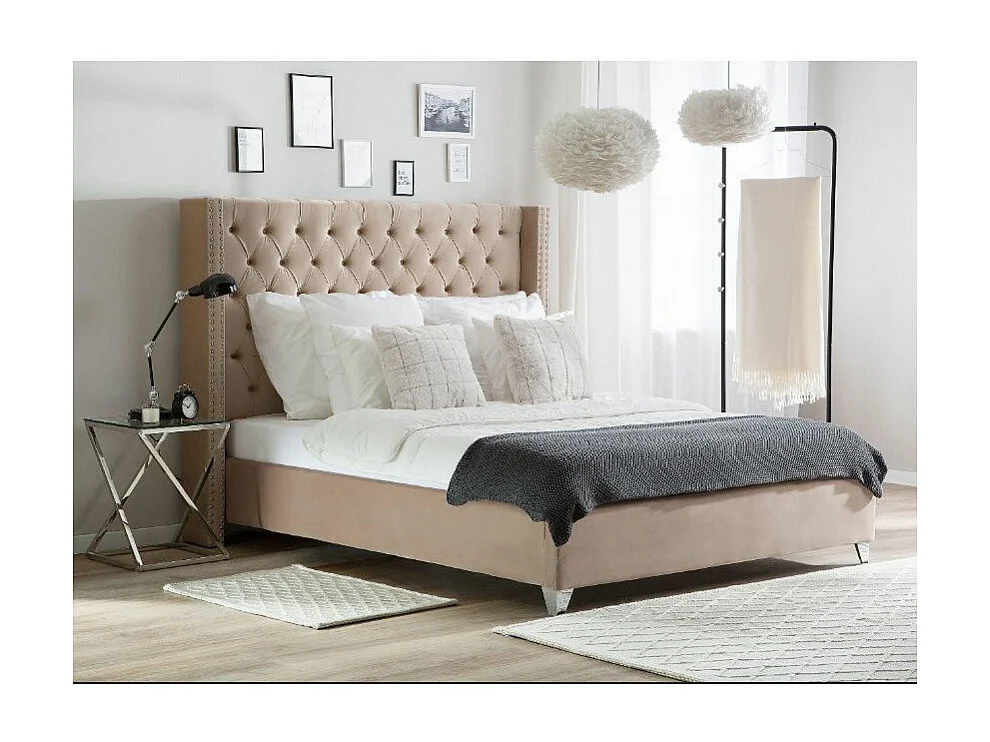 Lit capitonné Chesterfield velours Klouto-Couleur Beige-160x200