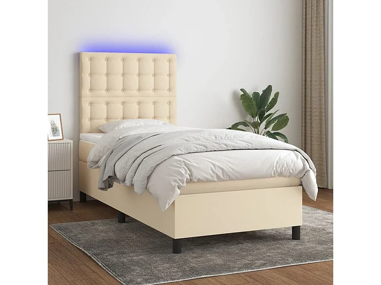Sommier à lattes de lit et matelas et LED Crème 90x190 Tissu