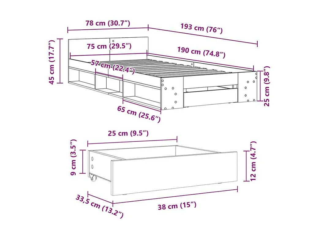 Cadre de lit avec tiroir blanc 75x190 bois d'ingénierie