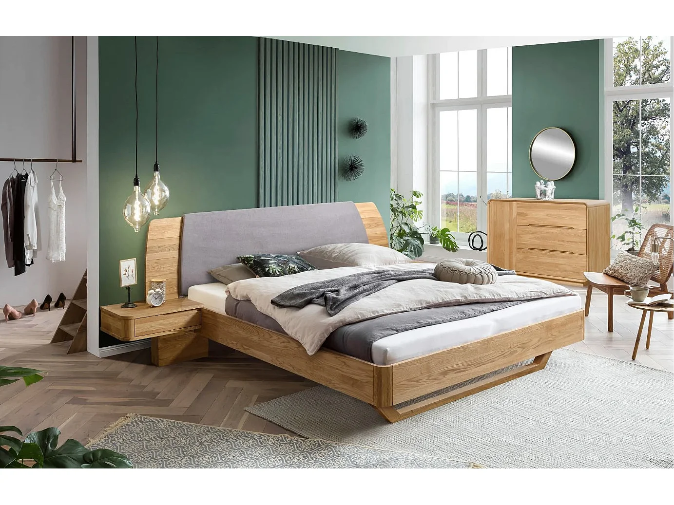 Cama de roble macizo con cabecero y 2 mesitas de noche Manola-Ropa de cama 200x200 cm