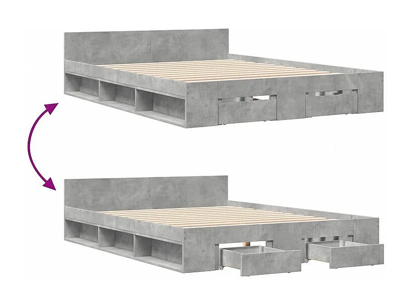 Cadre de lit et tiroirs gris béton 120x200 bois d'ingénierie