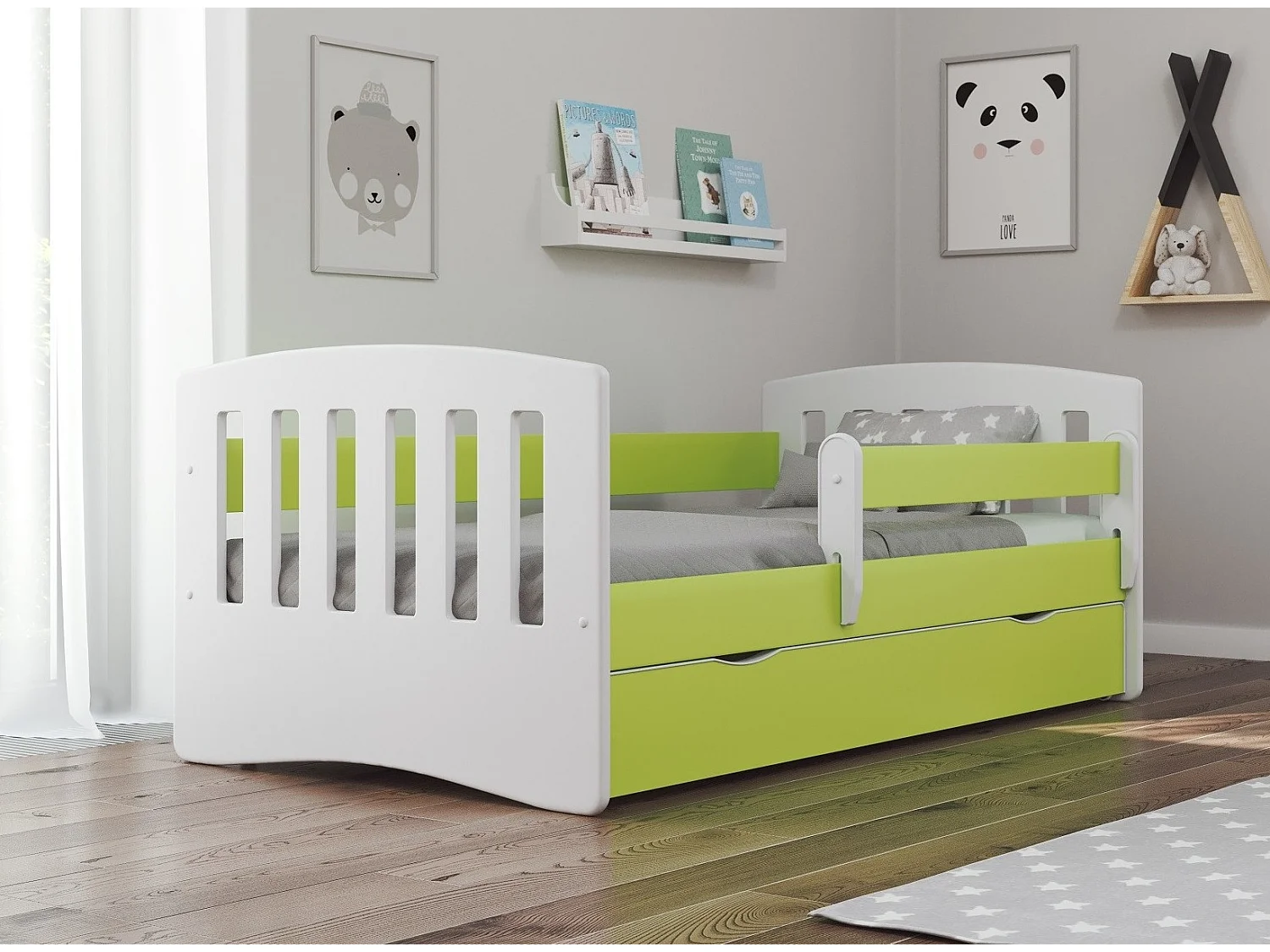Lit enfant avec barrière de sécurité amovible vert Klaky-Matelas mousse-80x140