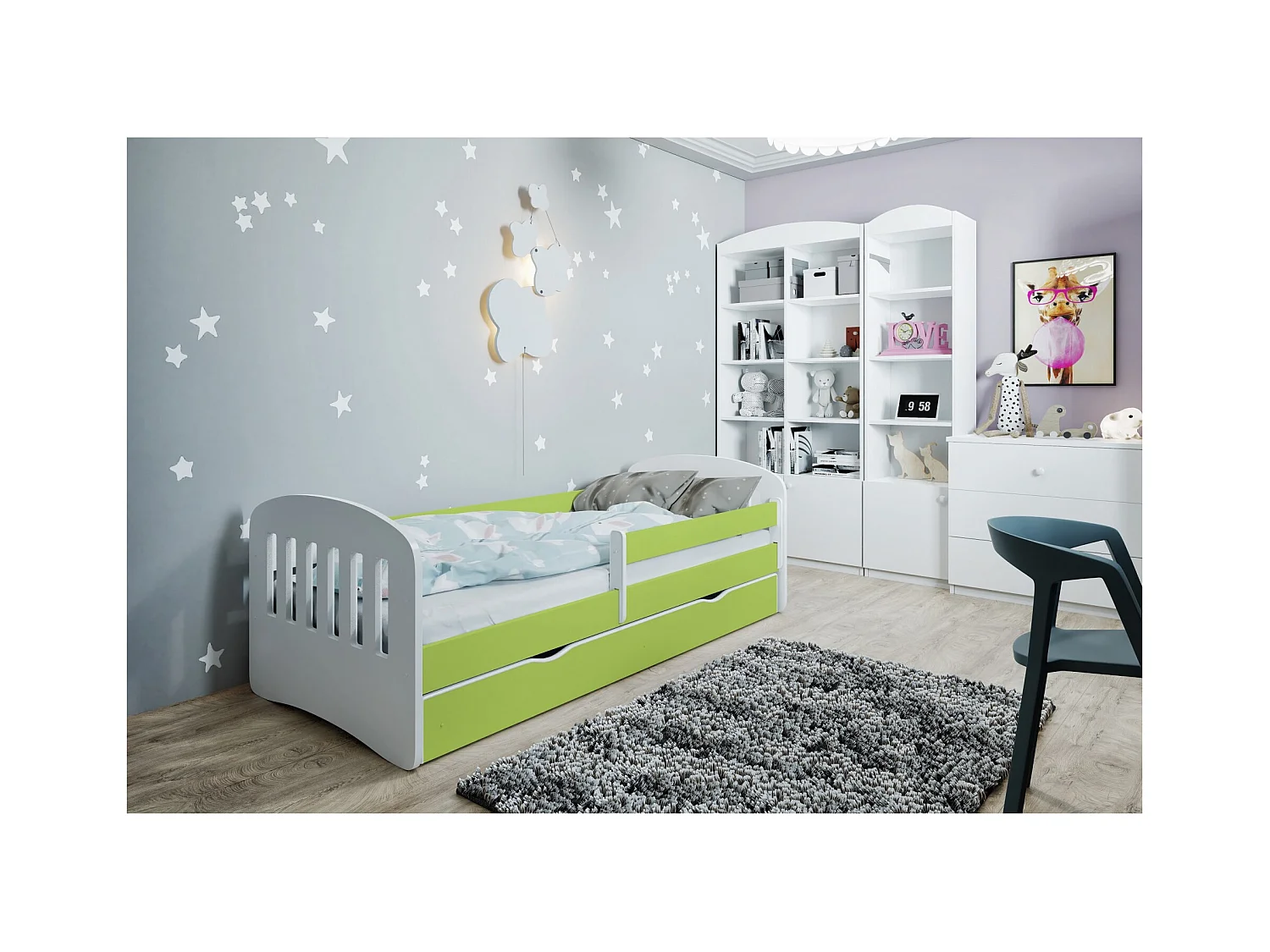 Lit enfant avec barrière de sécurité amovible vert Klaky-Matelas mousse-80x140