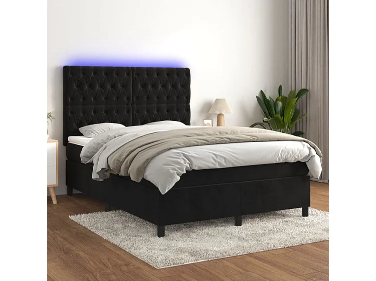 Sommier à lattes de lit matelas et LED Noir 140x190 Velours