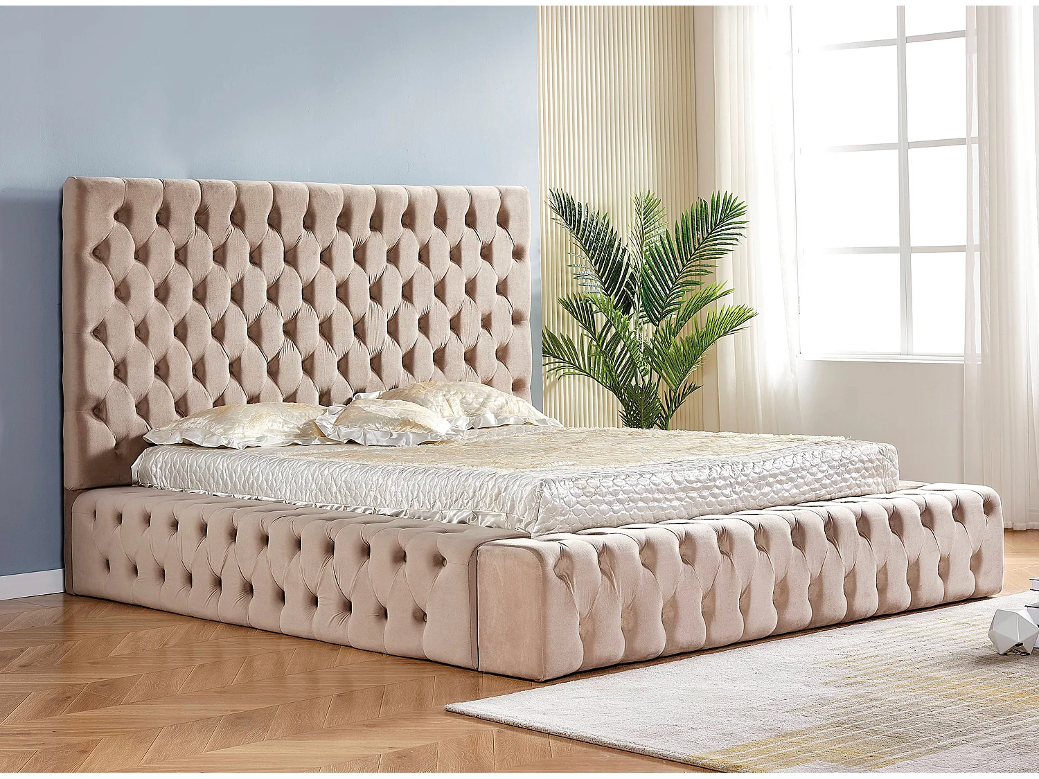 Lit design capitonné velours Kouma-Couleur Beige foncé-140x190