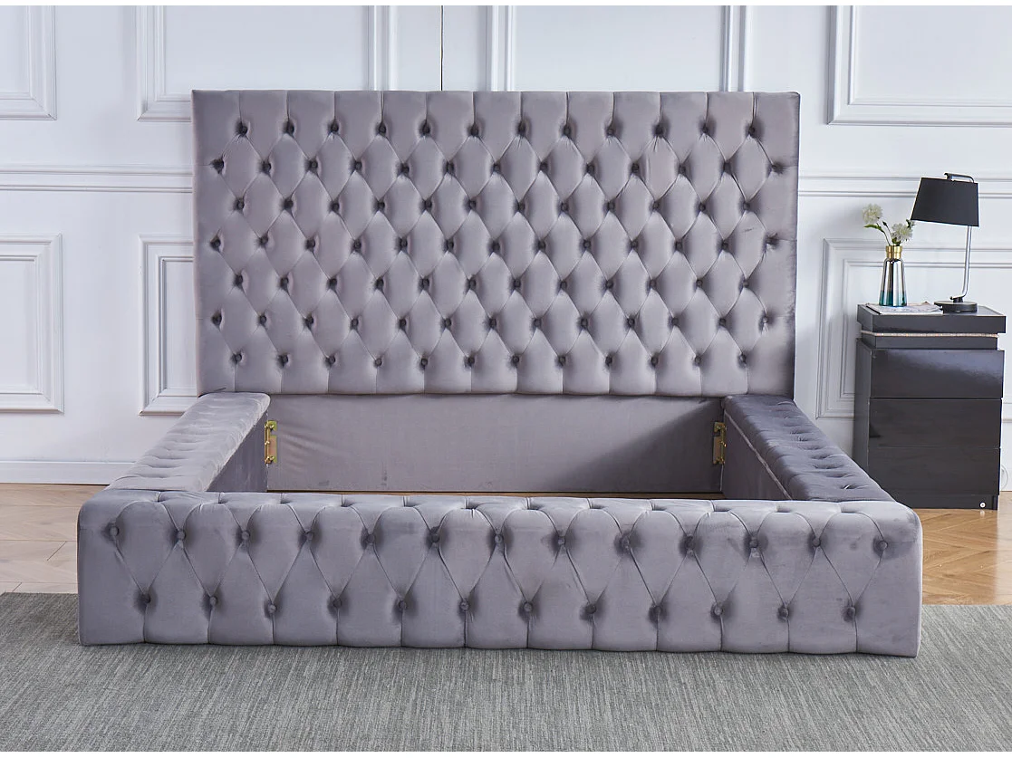 Lit design capitonné velours Kouma-Couleur Beige foncé-140x190