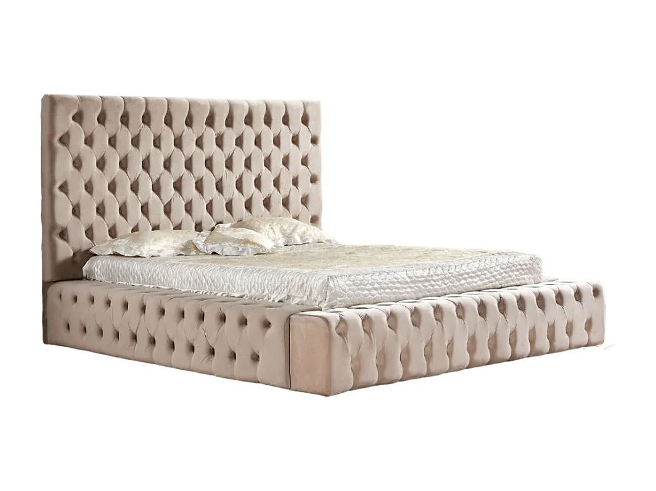 Lit design capitonné velours Kouma-Couleur Beige foncé-140x190