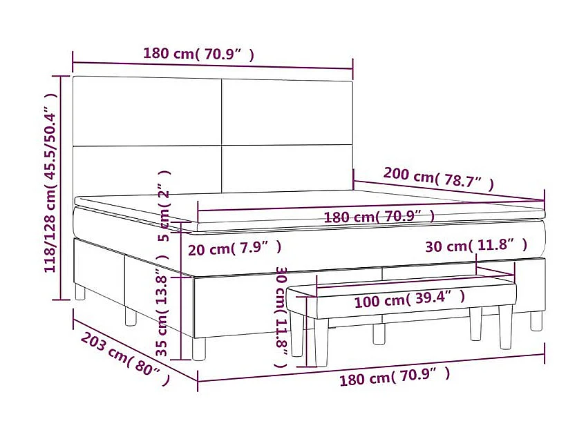 Sommier à lattes de lit et matelas Gris foncé 180x200 Velours
