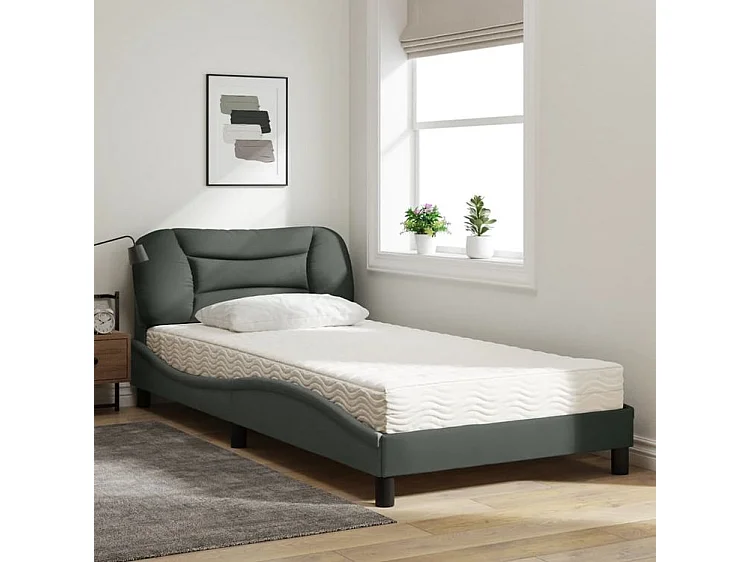 Lit avec matelas gris foncé 100x200 tissu