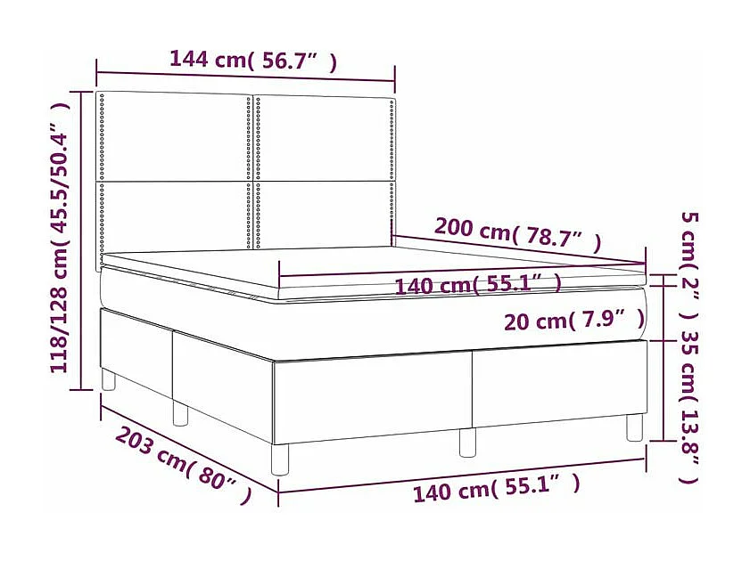 Sommier à lattes de lit matelas et LED Gris foncé 140x200