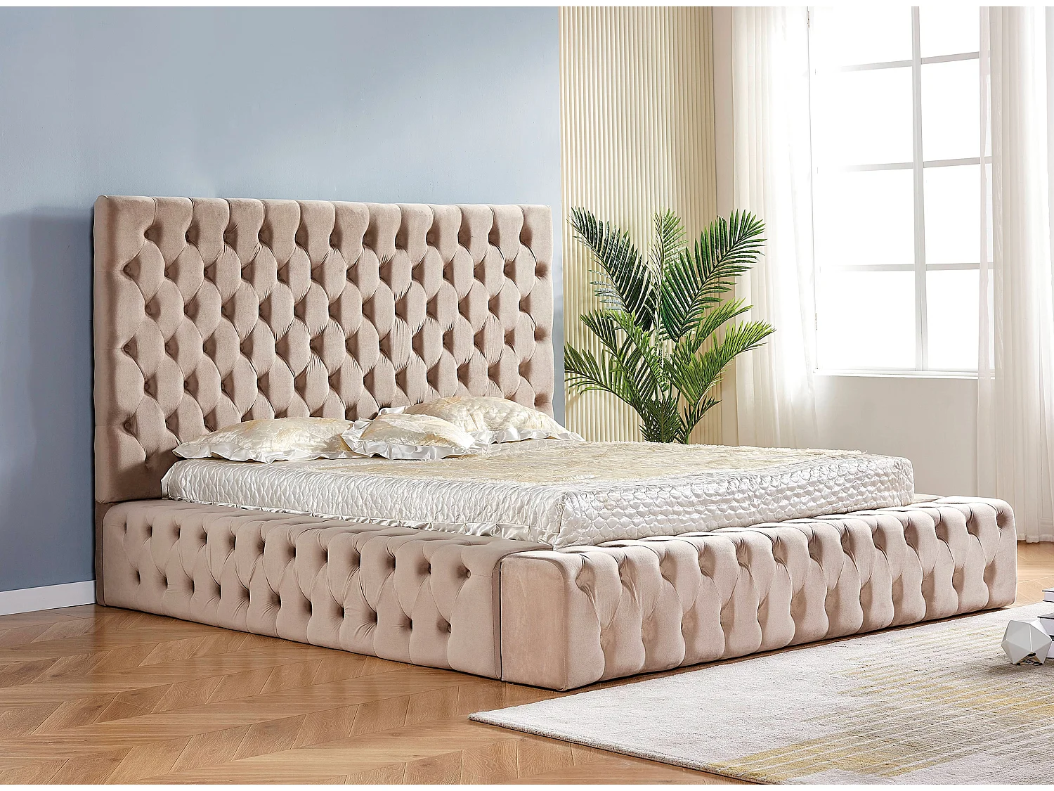 Lit design capitonné velours Kouma-Couleur Beige foncé-160x200