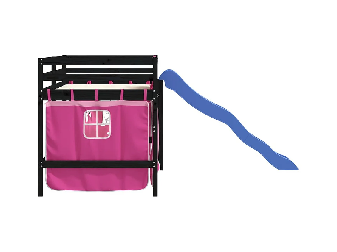 Lit mezzanine enfants et rideaux rose 80x200 bois pin massif