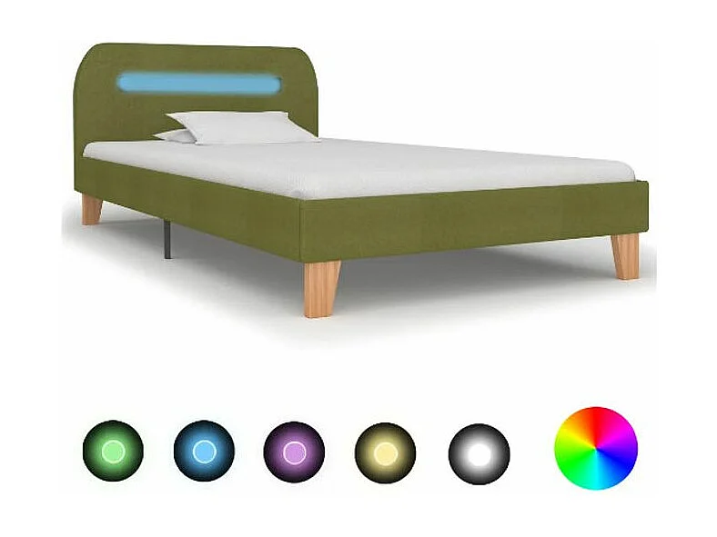 Lit à LED tissu vert et pieds bois massif Indie 90x200