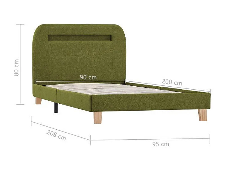 Lit à LED tissu vert et pieds bois massif Indie 90x200