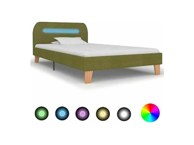Lit à LED tissu vert et pieds bois massif Indie 90x200