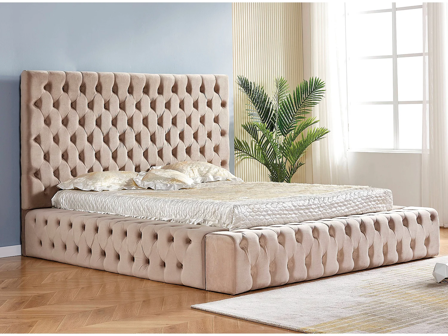 Lit design capitonné velours Kouma-Couleur Beige foncé-180x200