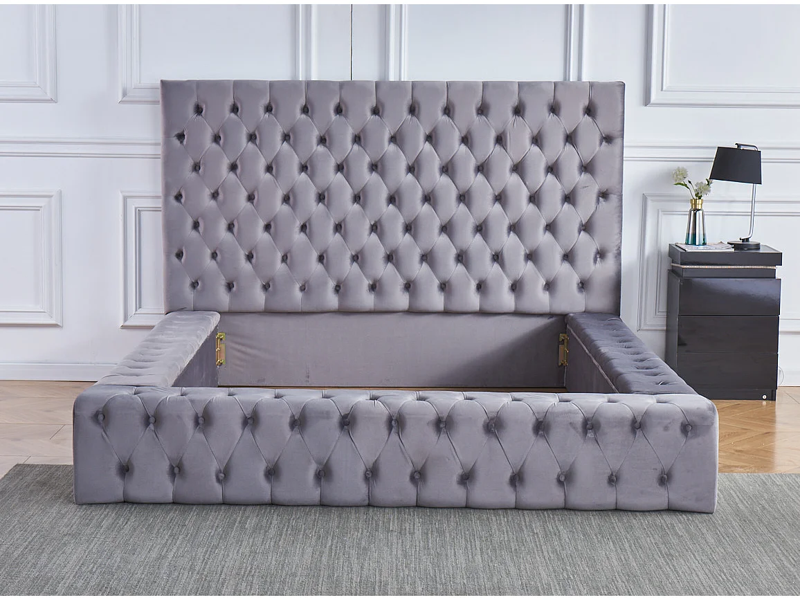 Lit design capitonné velours Kouma-Couleur Beige foncé-180x200