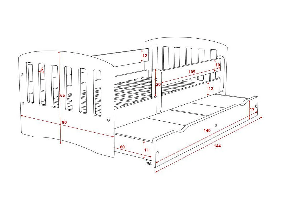Lit enfant avec barrière de sécurité amovible blanc Klaky-Matelas mousse-80x140