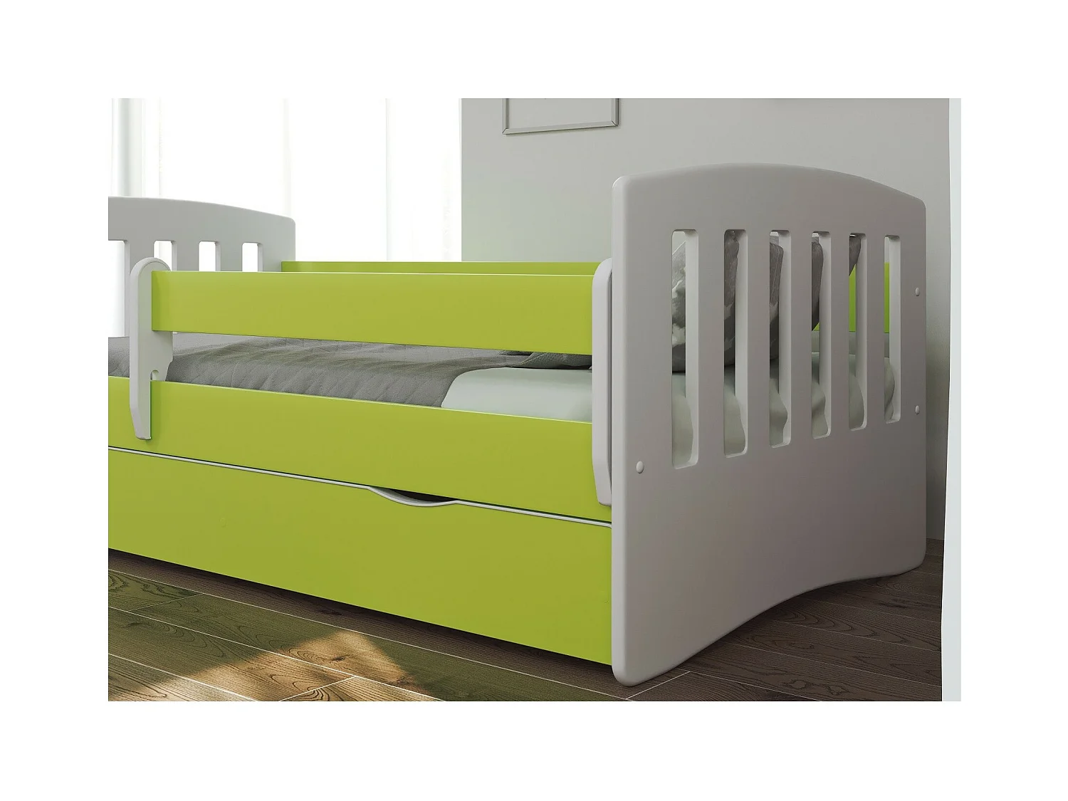 Lit enfant avec barrière de sécurité amovible vert Klaky-80x140