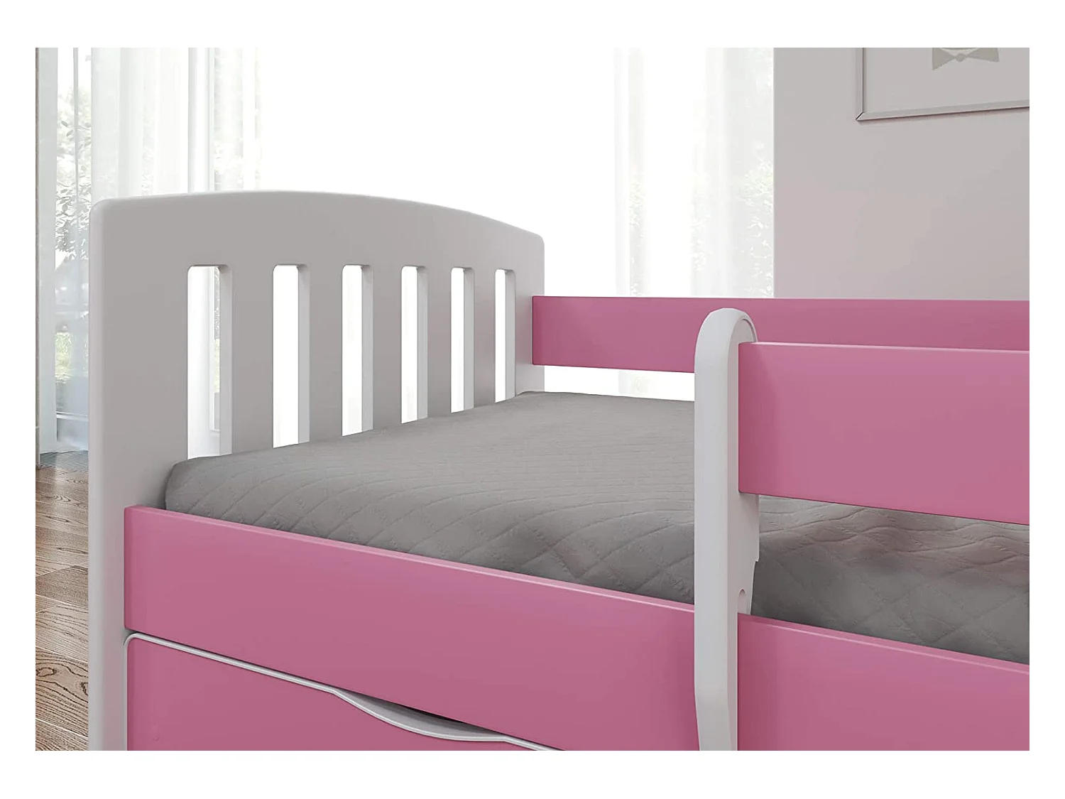 Lit enfant avec barrière de sécurité amovible rose Klaky-Matelas mousse-80x140