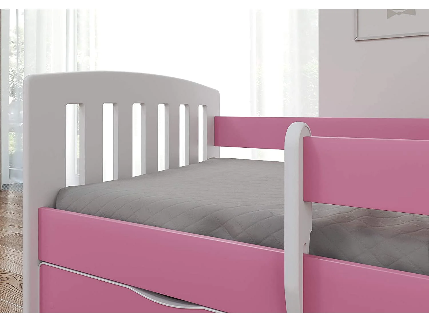 Lit enfant avec barrière de sécurité amovible rose Klaky-Matelas mousse-80x180